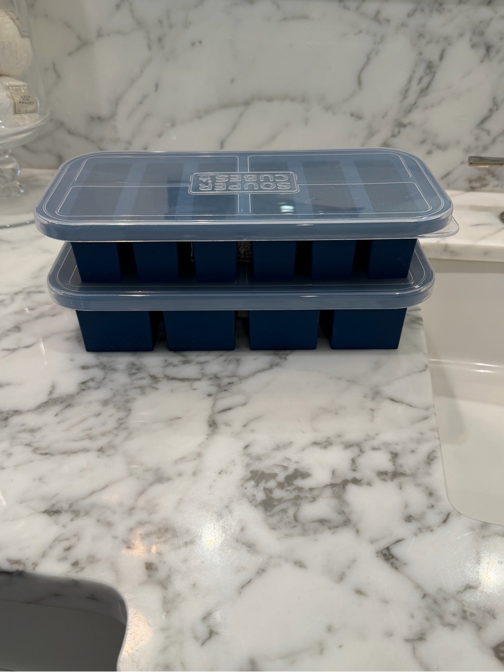 Blue Silicone Ice Cube Tray with Clear Lid - Pack of 2 - 1 cup and 1/2 cup